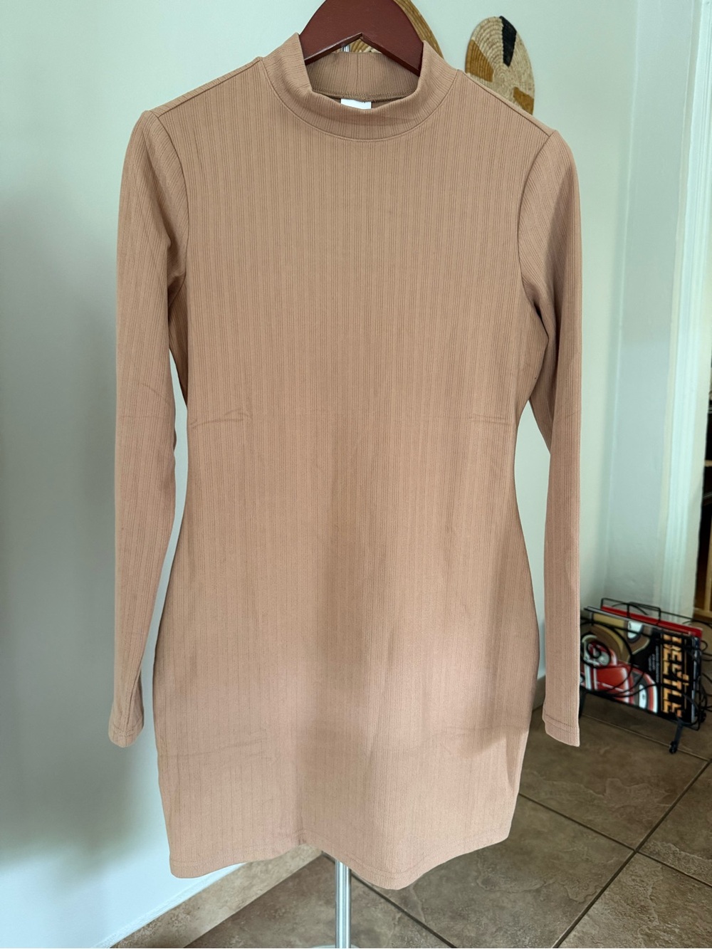 Women’s Long Sleeve Mock Neck Ribbed Bodycon Dress - Nude